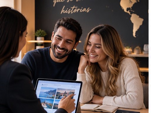 Casal sorrindo em um mirante com a cidade ao fundo